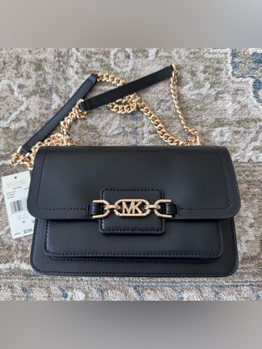 Michael Kors Black Leather Crossbody with Gold Chain